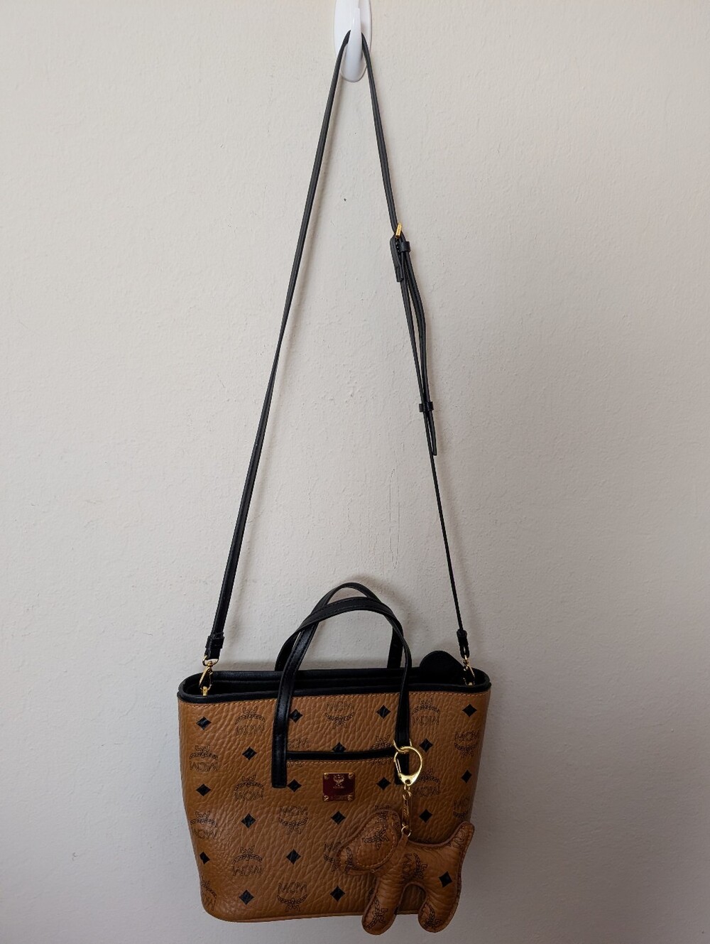 MCM Visetos Cognac Leather Mini Tote with Black Trim And Adorable Doggie Charm! - Picture 4 of 15
